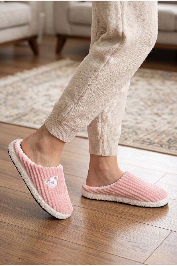 Women's Powder Cute Dog Embroidered Plush Velvet House Slippers Non-Slip Silent