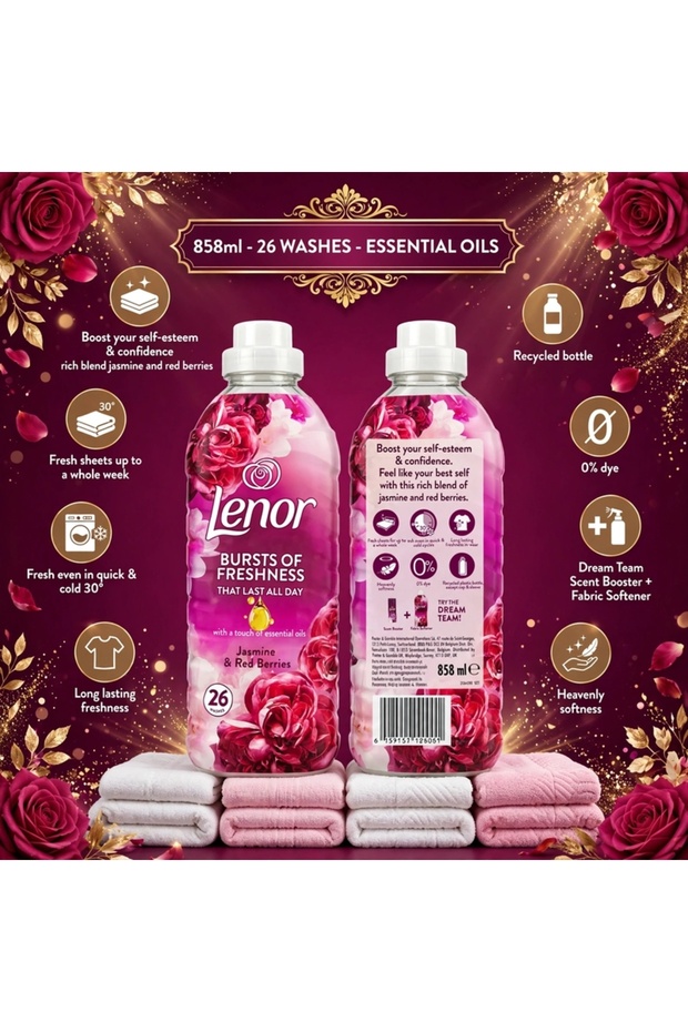 Jasmine & Red Berries Fabric Conditioner 858ml, Long-Lasting Softener for Clothes, Bedding & Towels, Freshness & Softness, 26 Washes