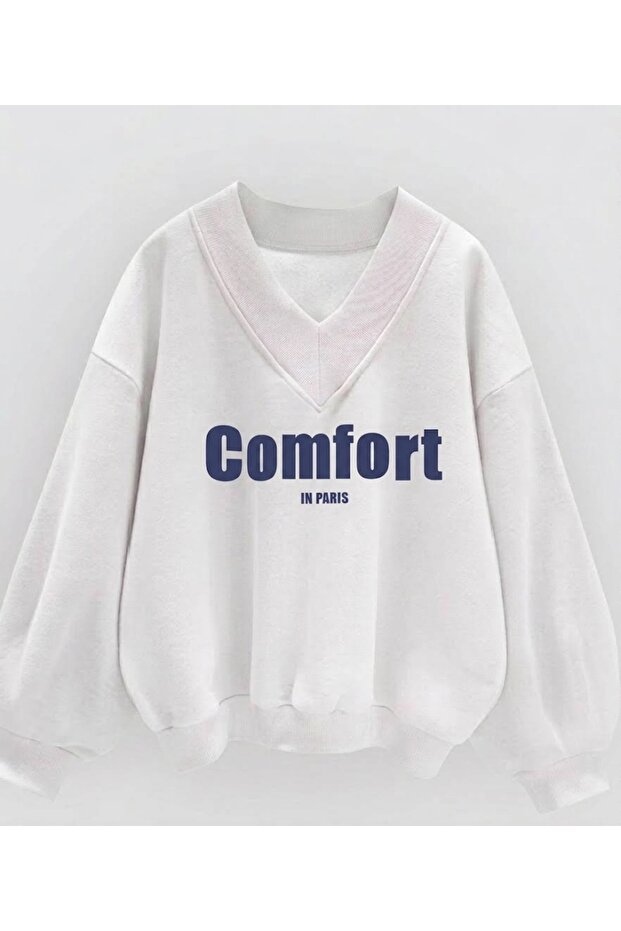White Unisex V-Neck Comfort Printed Oversize Patterned Fabric Sports Sweatshirt Hzlvdüz01Ssweat