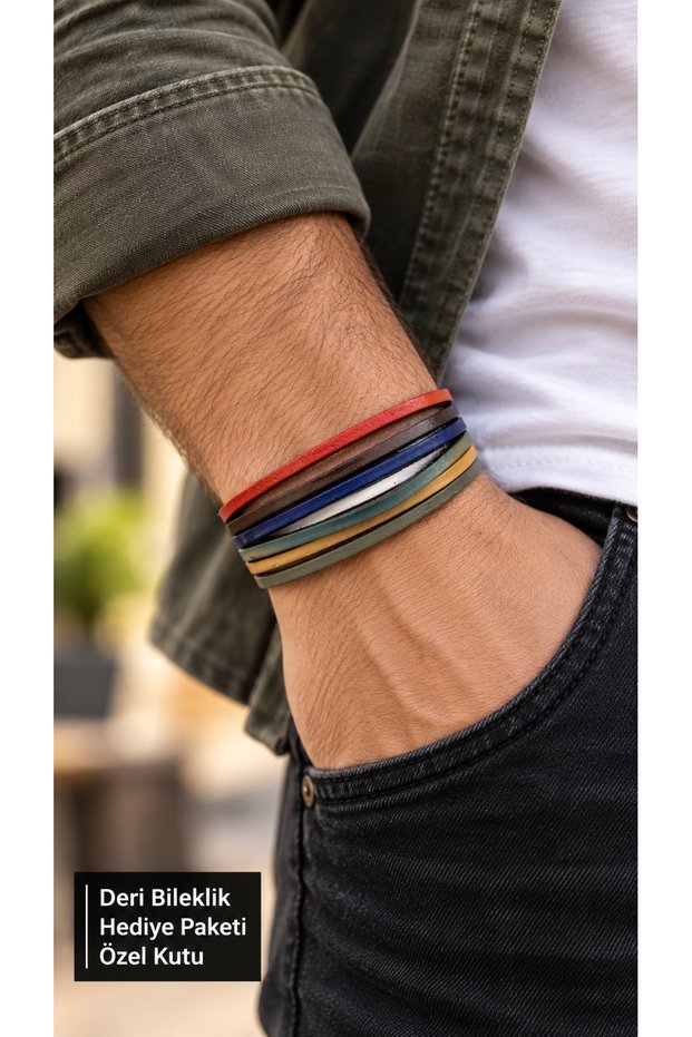 Perenzio Colorline Multi-Colored Leather Men's Bracelet - Multi-Row Wrap with Thin Strips