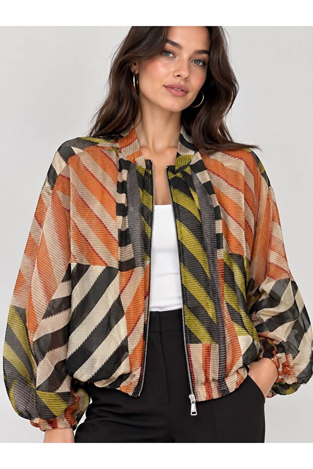 Women's Orange Patterned Chiffon Lined Bomber Jacket