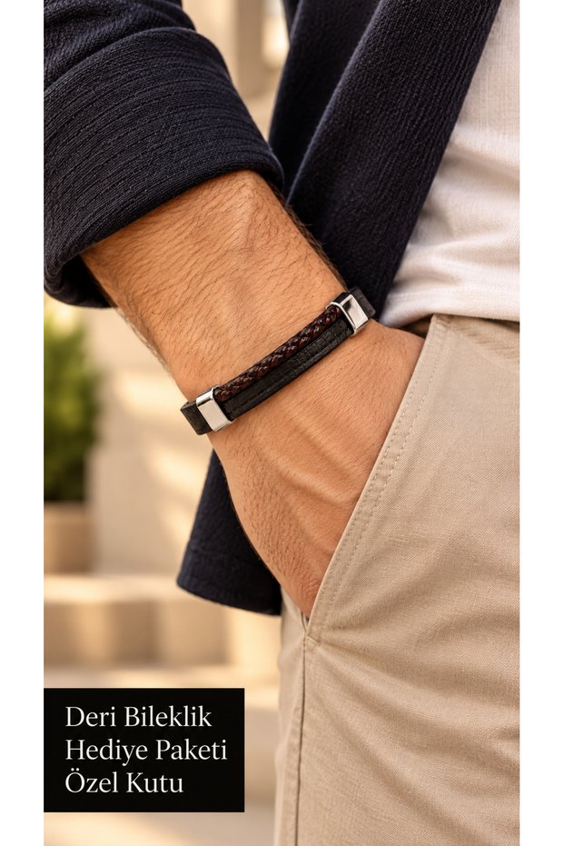 Reldano Garnetline Black Leather Men's Bracelet - Burgundy Braided Front Strip