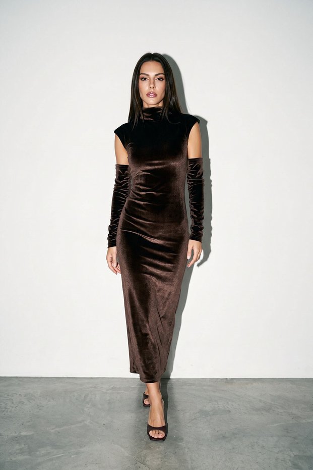 Brown Dress with Collar Accessories and Sleeve Detail