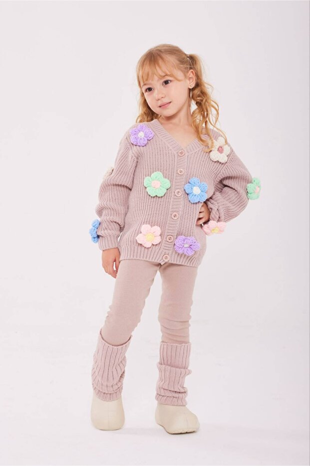Girl's Floral Detailed Knitwear Cardigan Leggings Leggings 3-Piece Set