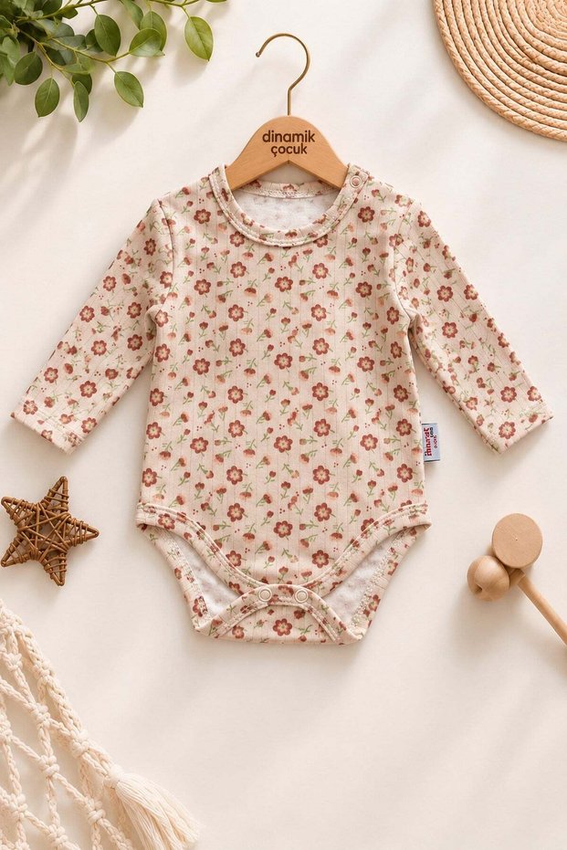 Baby Girl Long Sleeve Bodysuit - Floral Patterned Bodysuit with Snap Buttons on the Bottom, 0-18 Months