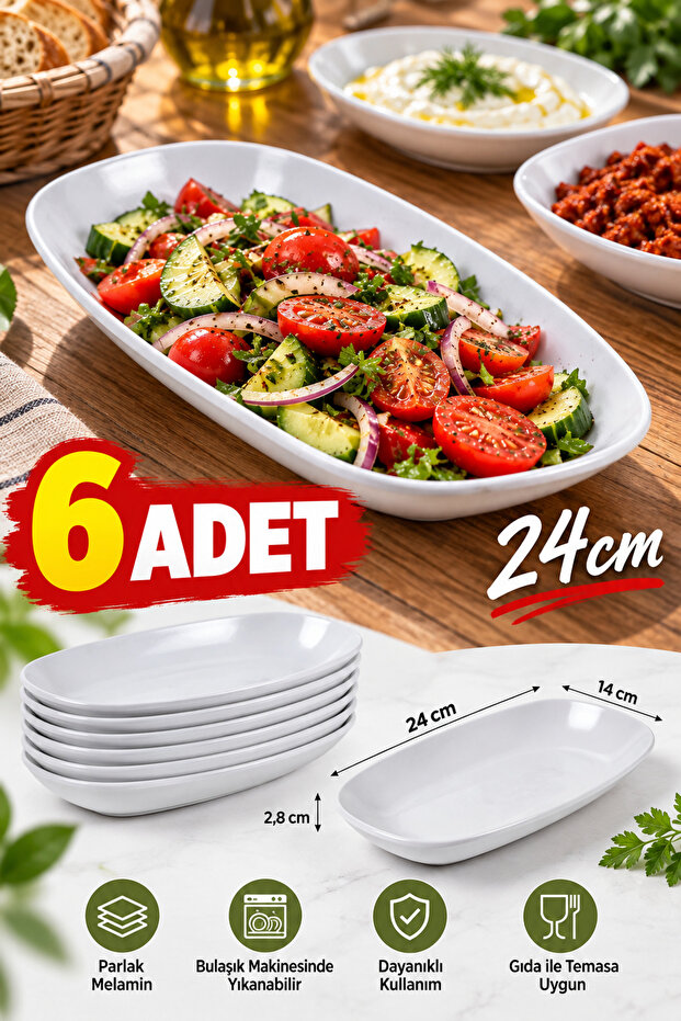 6 Pieces Glossy Melamine Oval Kayak Plate 24cm Plate Set Ra678