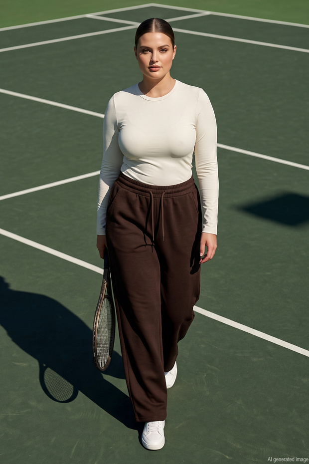 Plus Size Women's Wide Leg Tie-Waist Cotton Sweatpants 01 Brown