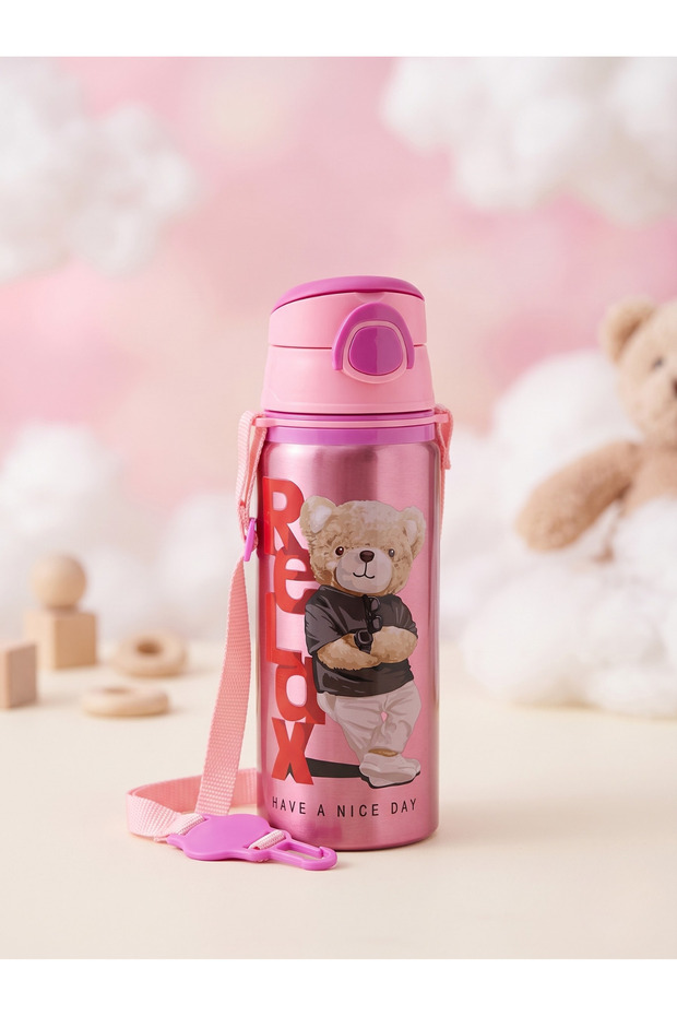 Metal Children's Water Bottle with Teddy Bear Design |   Nursery/School Water Bottle with Straw, Strap, and Leak-Proof Design (Pink)