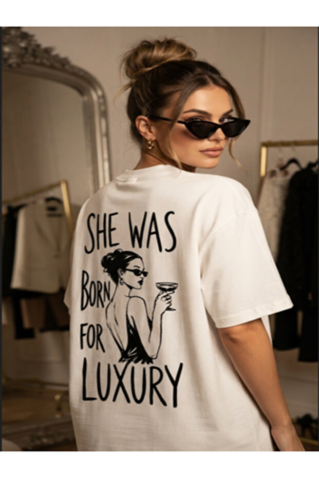 She Was Born for Luxury Slogan and Cocktail Figure Back Print White T-Shirt