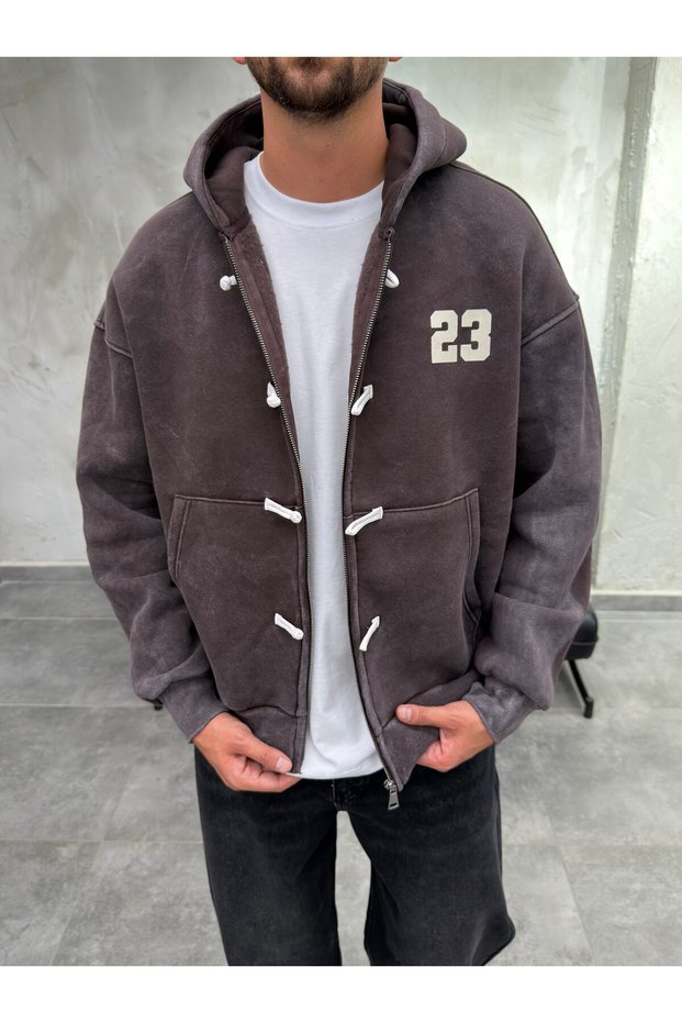 Fancy Buttoned Washable Zippered Brown Sweatshirt
