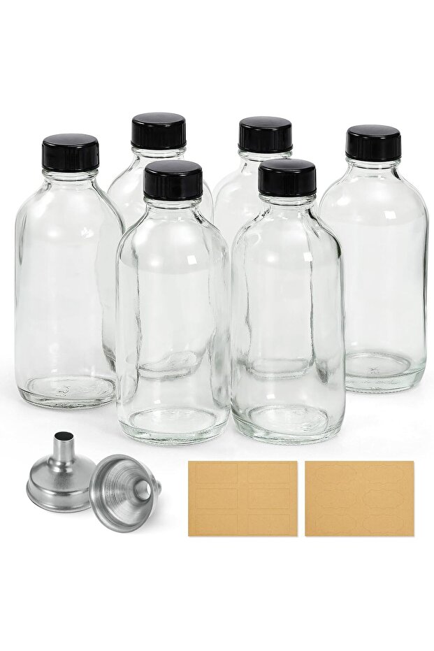 6 Pack, 4 oz Small Clear Glass Bottles with Lids & 2 Stainless Steel Funnels - 120ml Boston Rou
