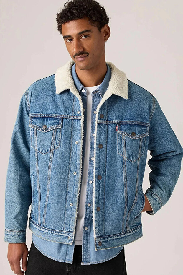 Washed Look Relaxed Fit Sherpa Trucker Blue Jacket