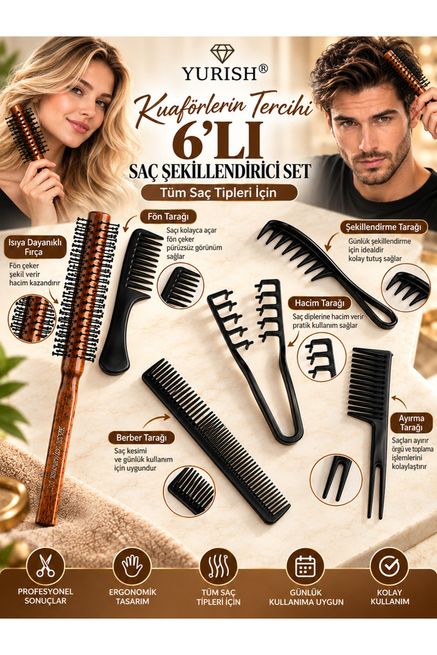 6-Piece Professional Hair Styling Comb Set – Blow Drying, Barbering, Volumizing, and Hair Separating Combs