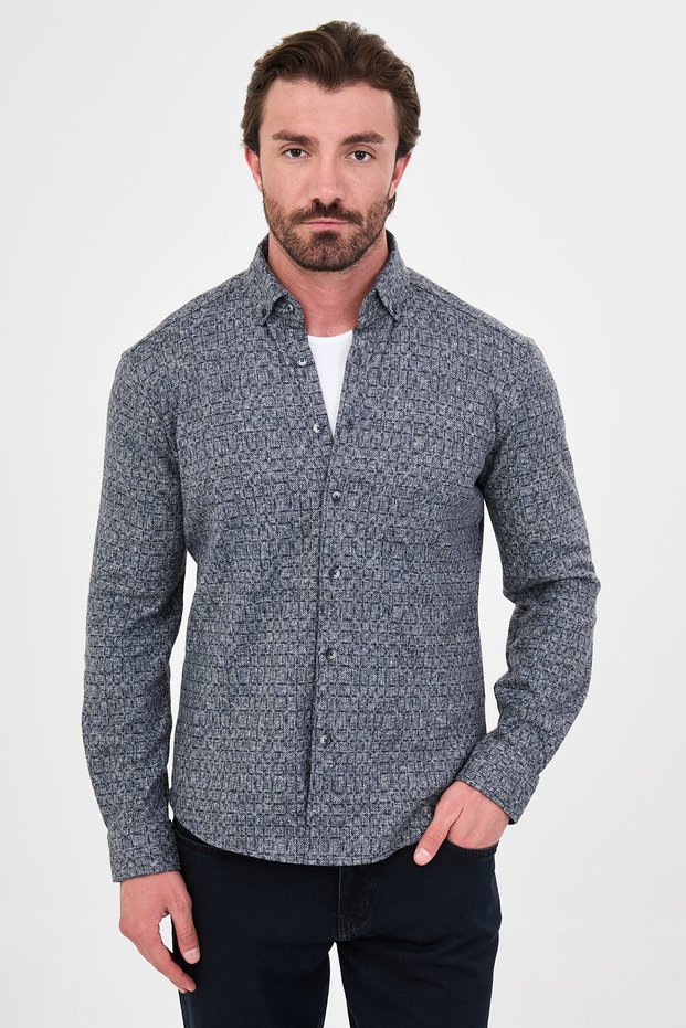 Checkered Slim Fit High Collar Lumberjack Long Sleeve Men's Shirt Gray - 27158.26K