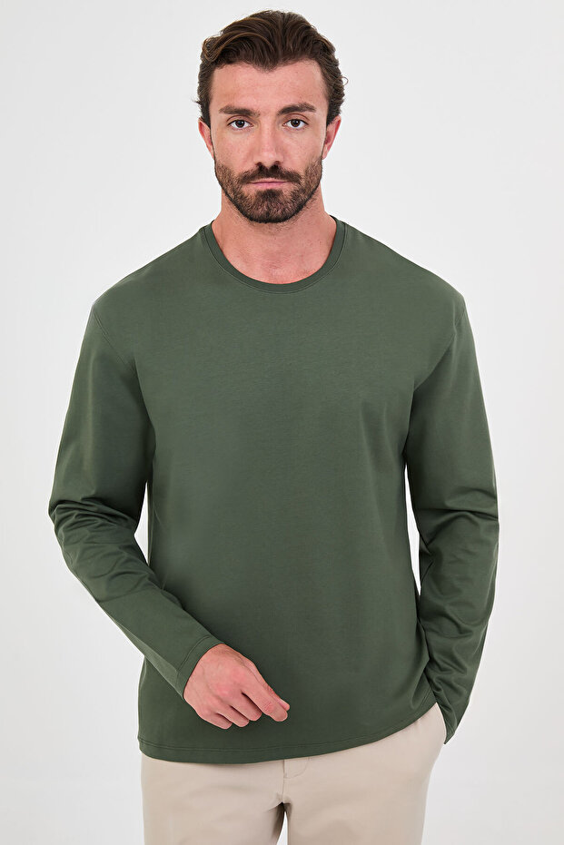 Plain Regular Fit Crew Neck 100% Cotton Long Sleeve Men's T-Shirt Khaki - 36902.26K
