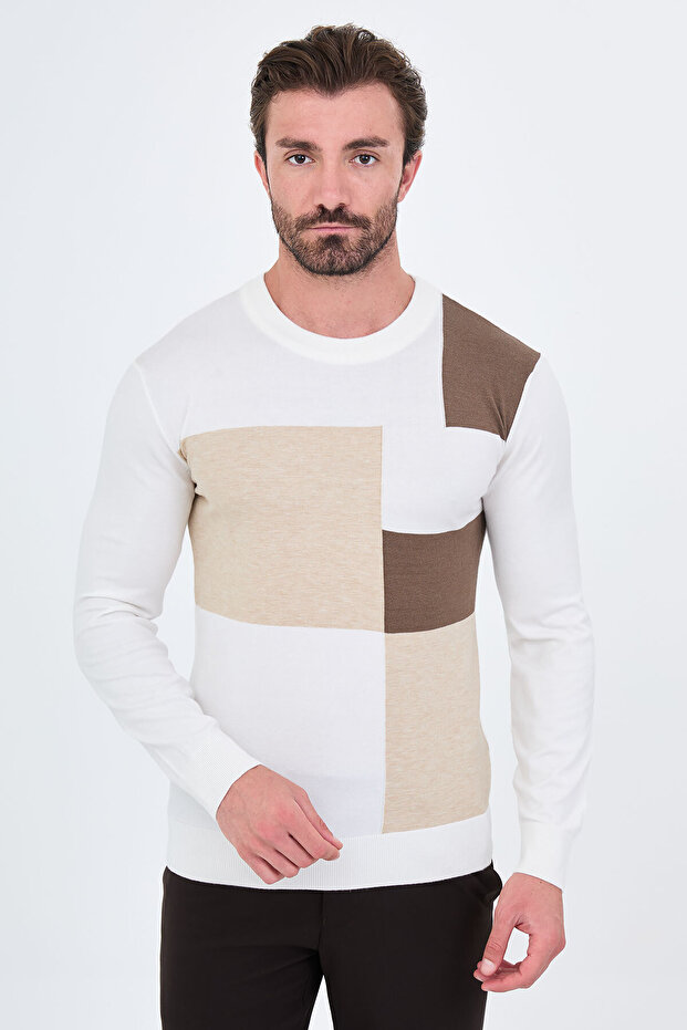 Patterned Slim Fit Crew Neck Cashmere Men's Knitwear Sweater Ecru - 11623.26K