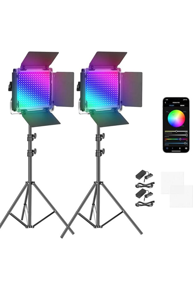 مجموعة من إضاءتين فيديو LED RGB طراز 660 PRO مع تحكم عبر التطبيق وحامل ثلاثي القوائم، إضاءة استوديو احترافية