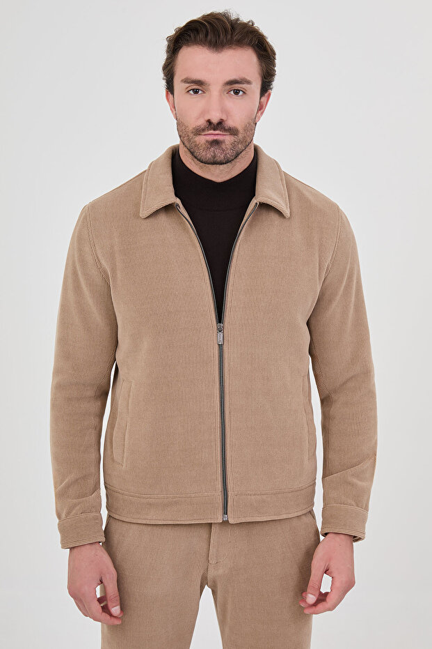 Ribbed Slim Fit Shirt Collar Zippered Velvet Men's Coat Beige - 39700.26K