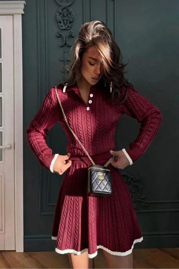 Women's knit set: polo neck stylish sweater & skirt two-piece with lycra