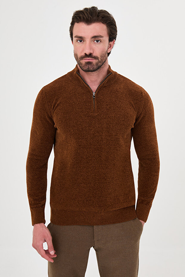 Plain Slim Fit Stand Collar Zippered Chenille Men's Knitwear Sweater Camel - 11605.26K