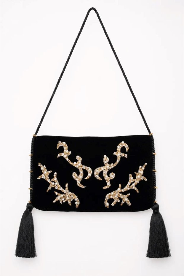 Special Design Velvet Shoulder Bag with Embroidery, Beads and Sequin Embellishments, Cord and Tassel Details