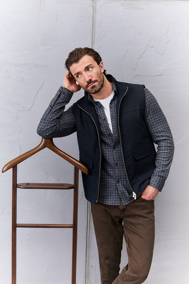 Plain Slim Fit Stand Collar Double Zipper Wool Blend Men's Vest Navy Blue - 40966.26K