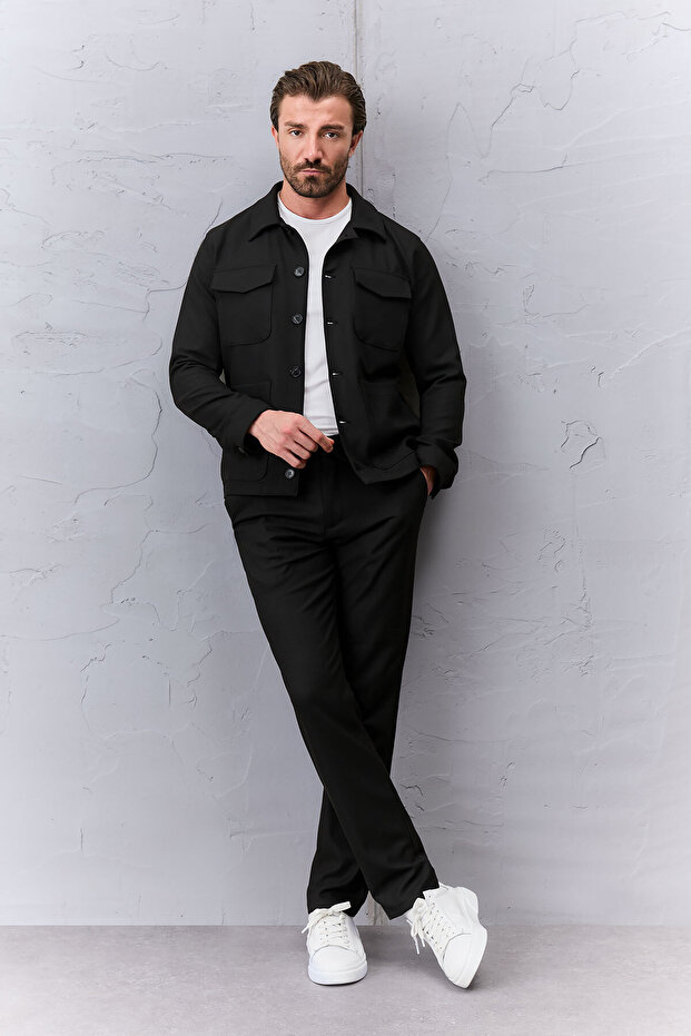 Straight Slim Fit Shirt Collar Buttoned Pocketed Pants Drawstring Men's Coat Pants Black - 17170.26K
