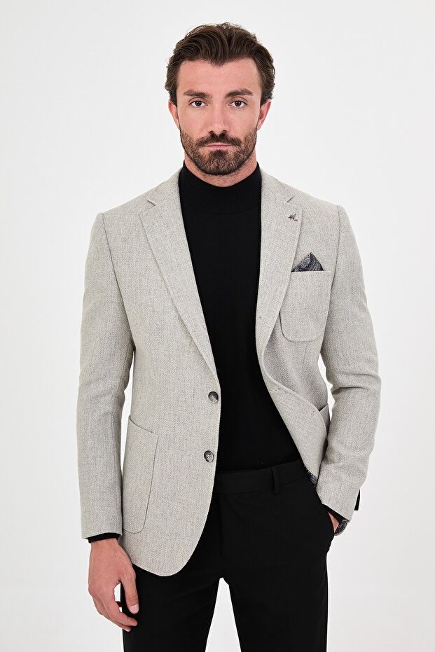 Textured Slim Fit Mono Collar Pocket Premium Wool Blend Men's Jacket Gray - 44326.26K