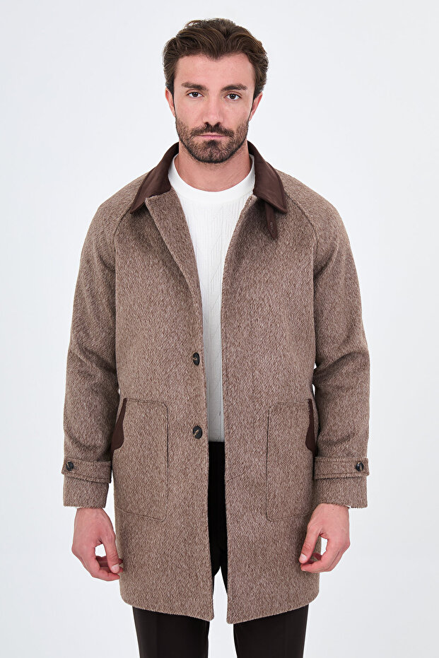 Textured Oversize Shirt Collar Hidden Button Side Pocket Wool Men's Coat Brown - 21344.26K