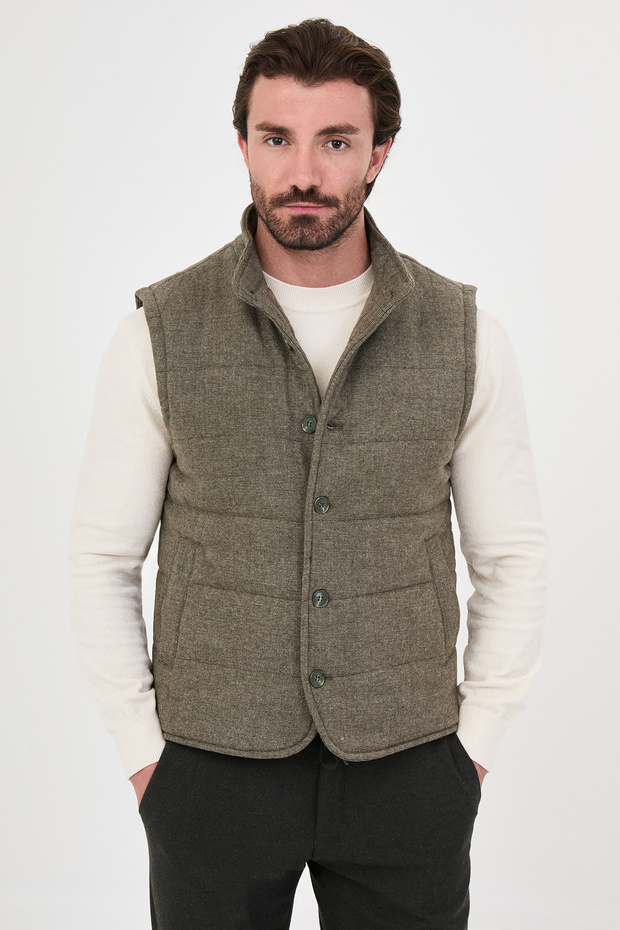 Textured Slim Fit Stand Collar Buttoned Wool Blend Men's Vest Khaki - 40965.26K