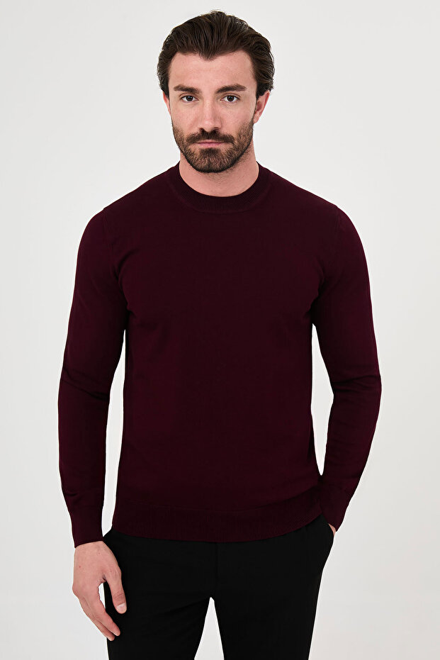 Plain Slim Fit High Crew Neck Cotton Men's Knitwear Sweater Claret Red - 11600.26K