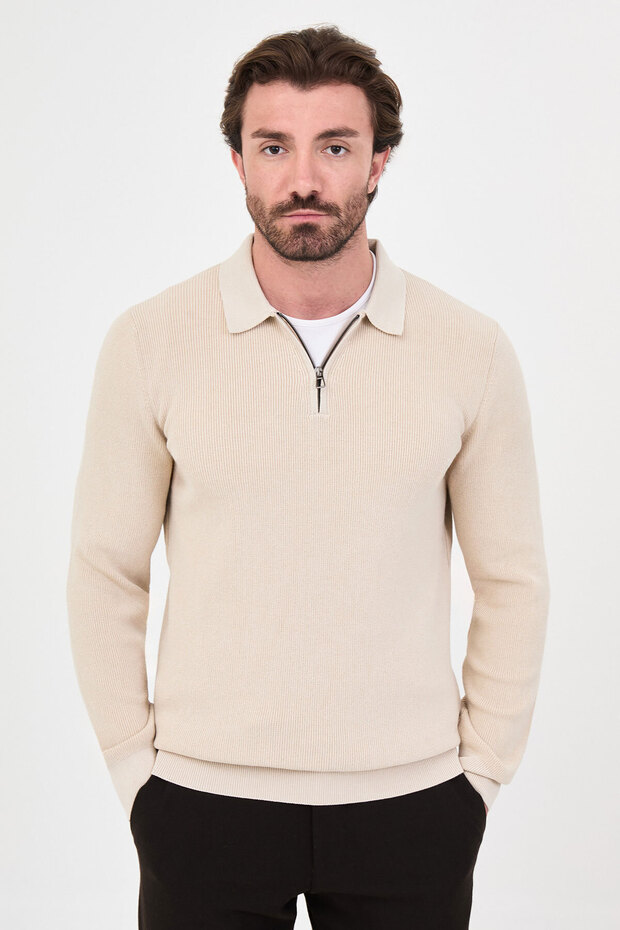 Ribbed Slim Fit Polo Collar Zippered Men's Cotton Knit Sweater Beige - 11602.26K