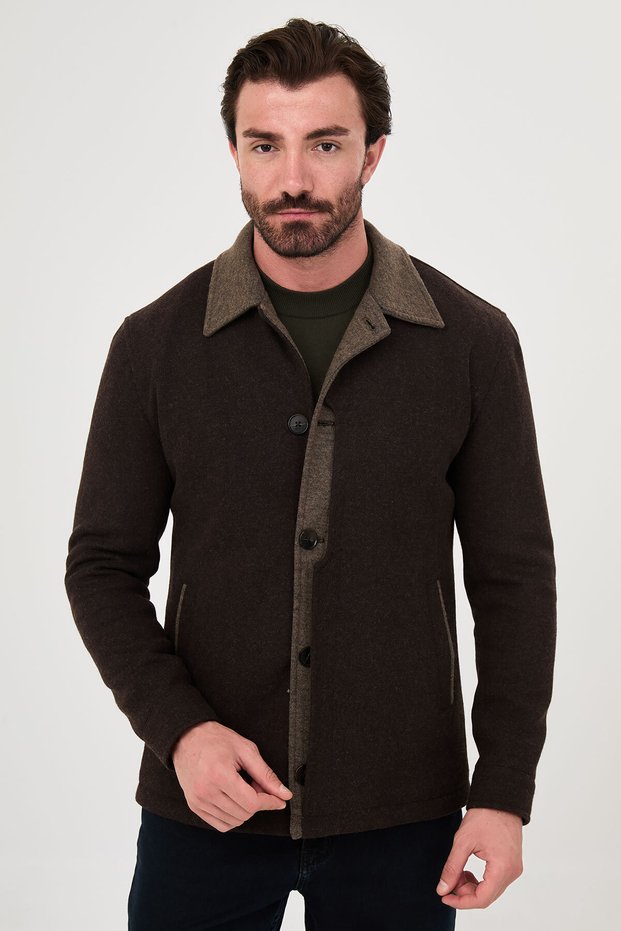 Textured Slim Fit Shirt Collar Buttoned Wool Men's Coat Brown - 39696.26K