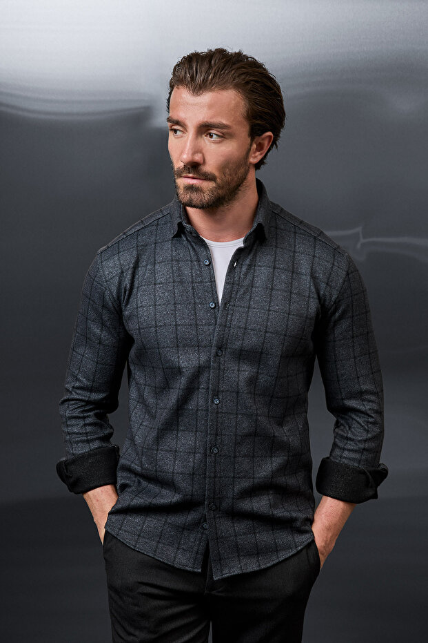 Checkered Slim Fit Classic Collar Lumberjack Long Sleeve Men's Shirt Black - 27156.26K