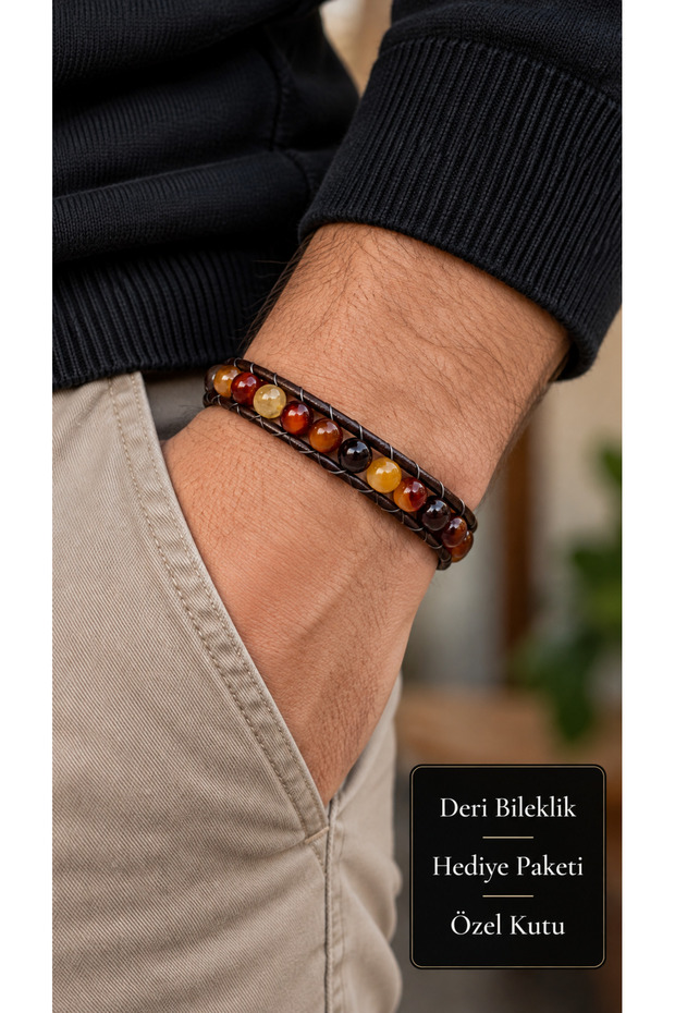 Seldorin Auburnring Brown Leather Men's Bracelet - Chestnut Beaded Wrap Design