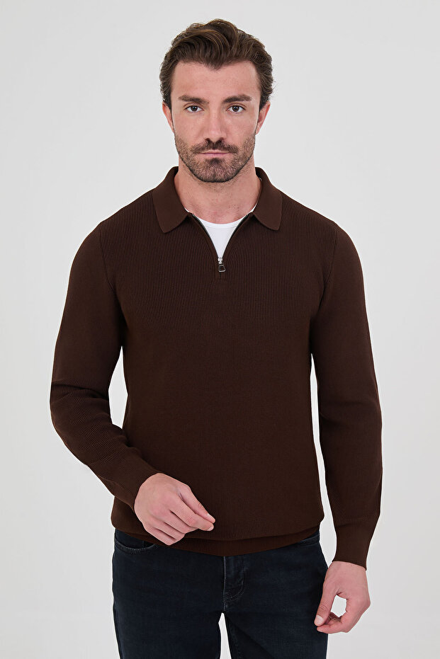 Ribbed Slim Fit Polo Collar Zippered Men's Cotton Knit Sweater Brown - 11602.26K