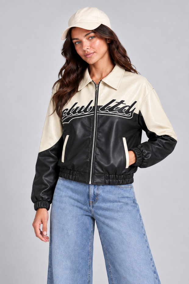 Women's Black, Double-Colored, Textile Detailed, Oversize Faux Leather Bomber Jacket with Fur Inside