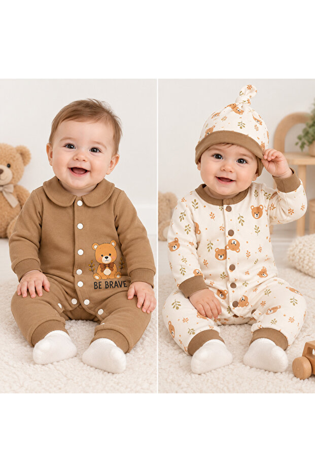 100% Cotton Teddy Bear Patterned 2-Piece Jumpsuit and Hat Set