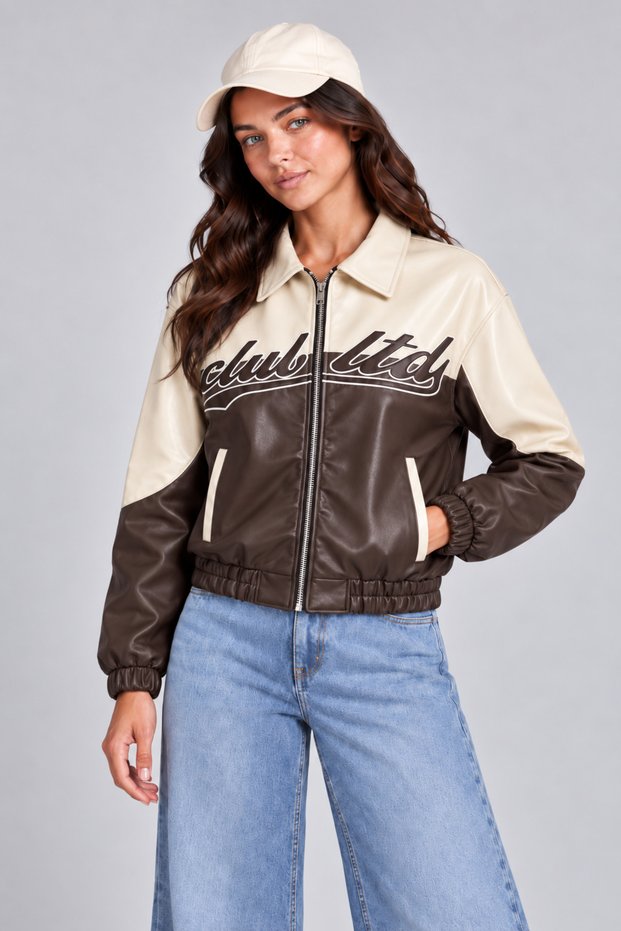 Women's Brown, Double-Colored, Textile Detailed, Oversize Faux Leather Bomber Jacket with Fur Inside