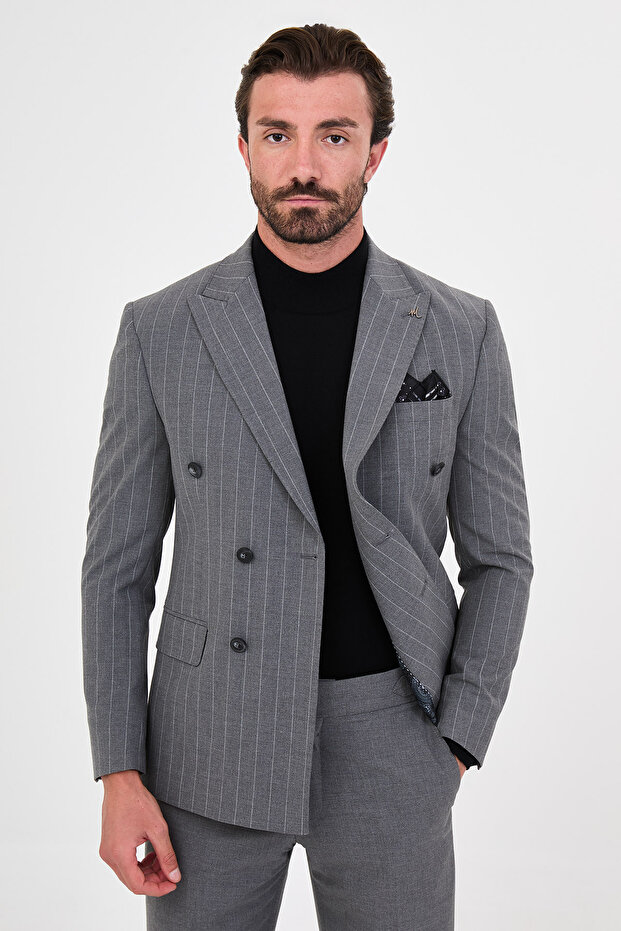 Striped Slim Fit Wide Collar Double Breasted Italian Style Double Leg Trousers Men's Suit Gray - 45486.26K