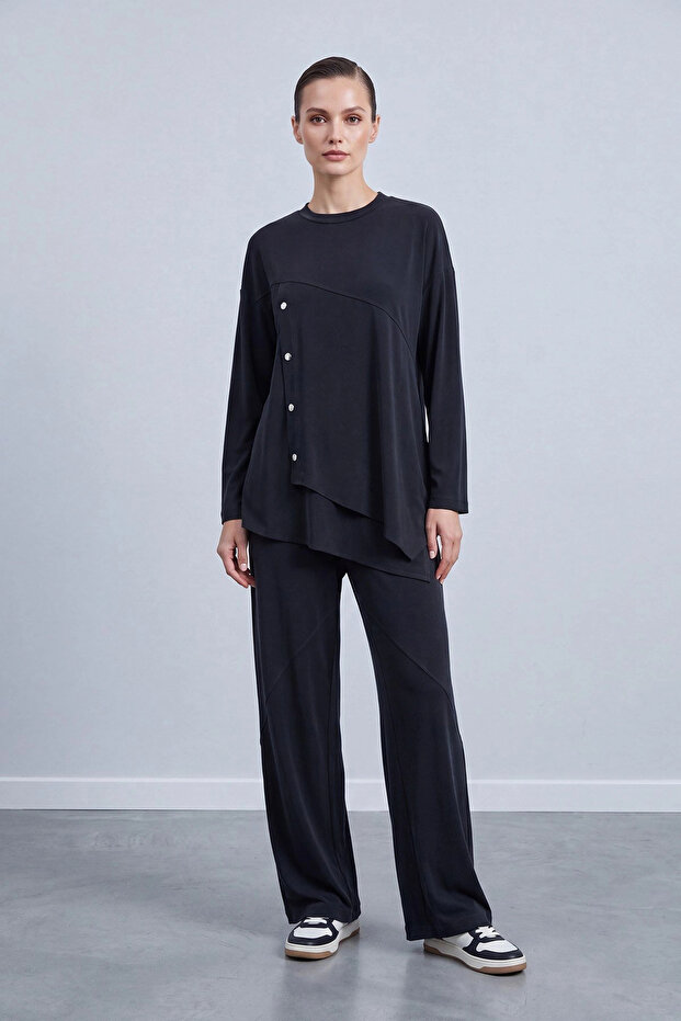 Asymmetrical Cut Buttoned Tunic Trouser Set Black 14525