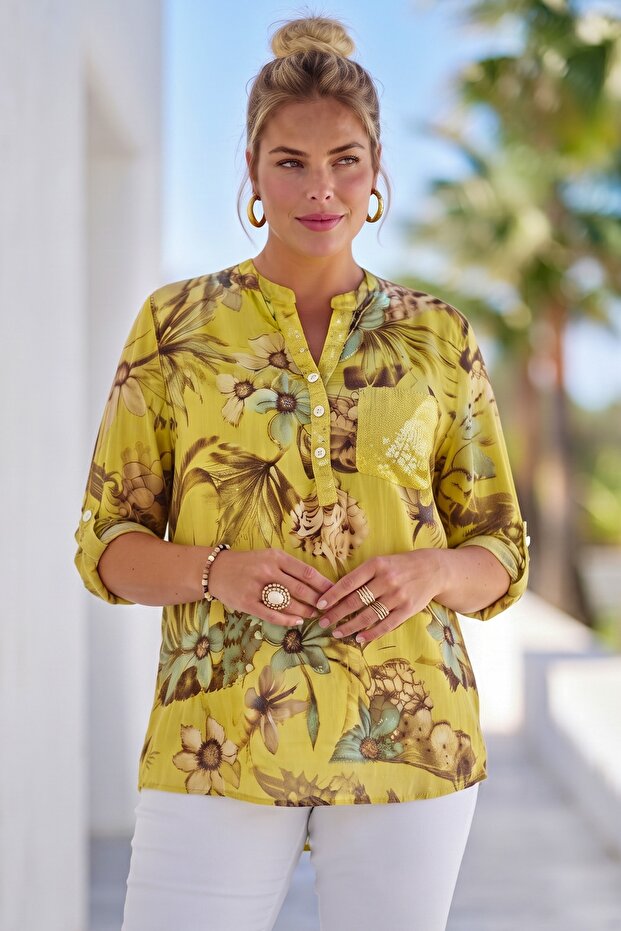 Italian Mustard Court Collar Long Sleeve Patterned Sequin Pocket Casual Viscose Woven Blouse 75 60