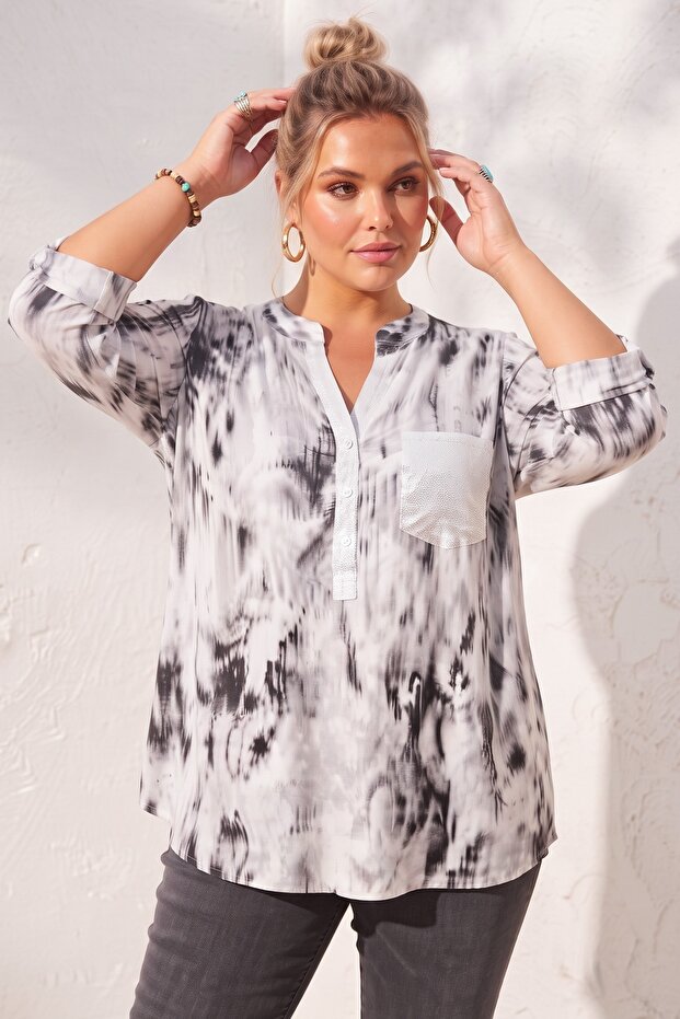 Italian White Judge Collar Long Sleeve Patterned Sequin Pocket Casual Viscose Woven Blouse 75 60