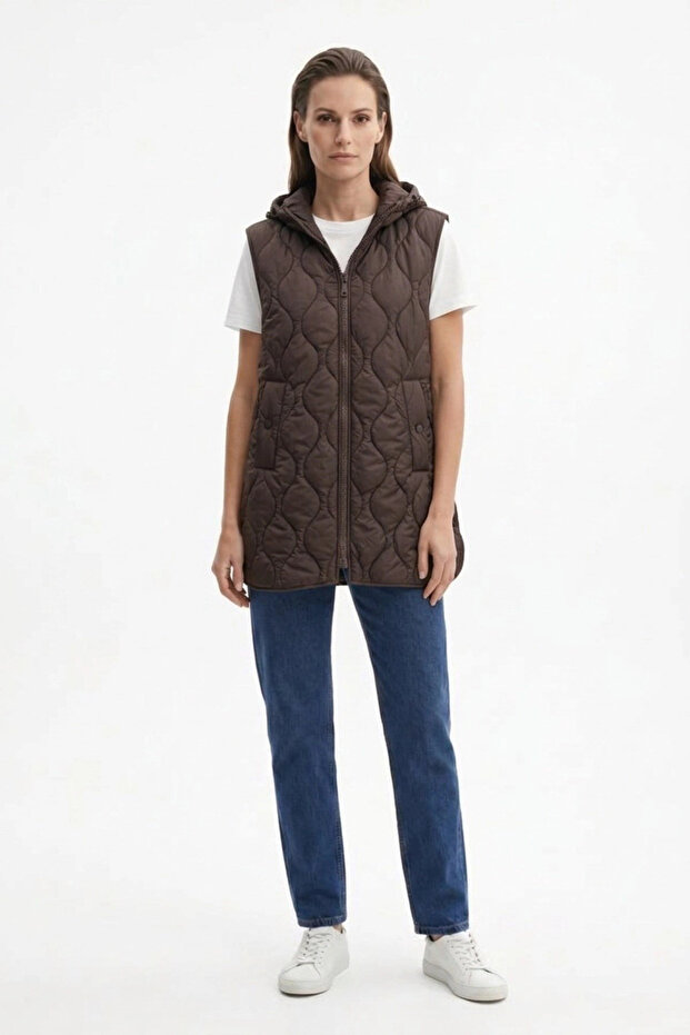 Baklava Patterned Quilted Inflatable Vest Brown 15276