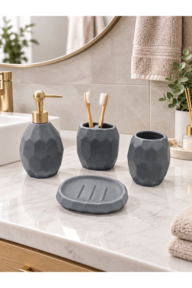 Ceramic bathroom set, gray, 4 pieces, honeycomb pattern