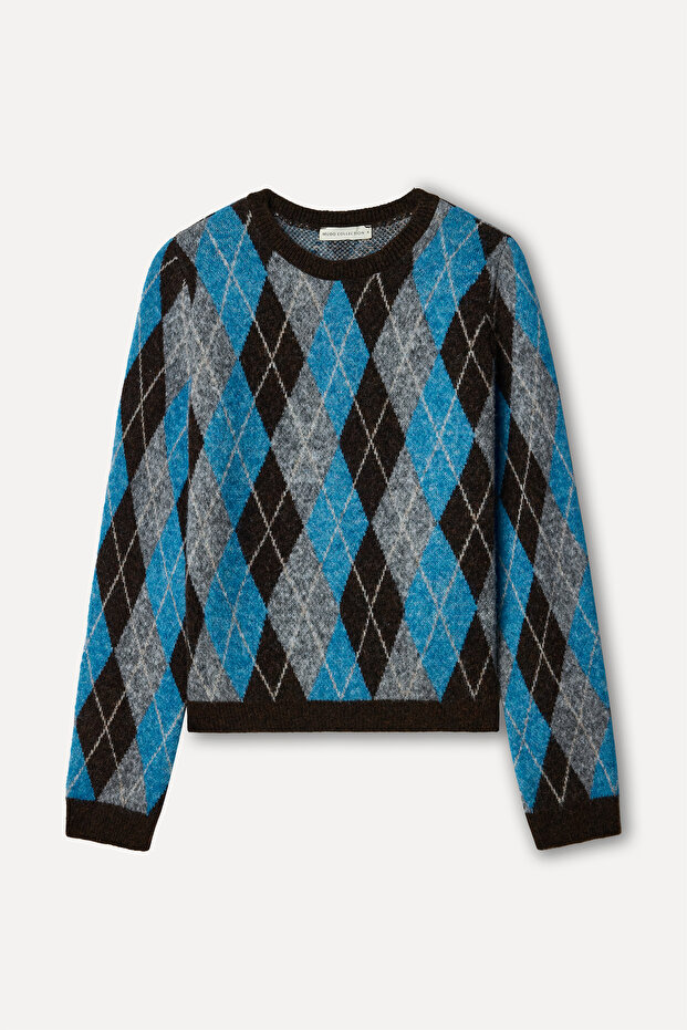 Women's Blue Jacquard Crew Neck Sweater