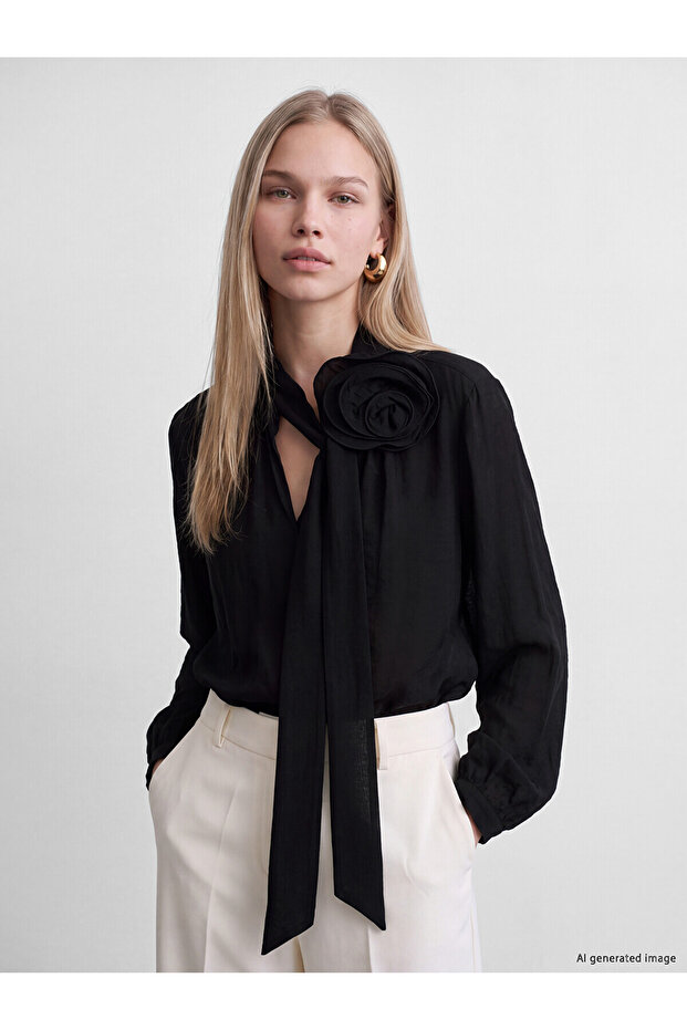 Alita City with a Difference from the Lcw Vision Black Chiffon Plain Tie Collar Long Sleeve Women's Blouse