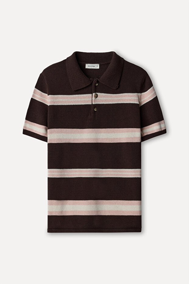 Men's Brown Striped Polo Collar Short Sleeve Sweater