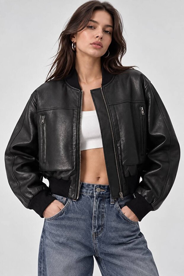 Bomber Textured Zippered Double Pocket Black Leather Jacket