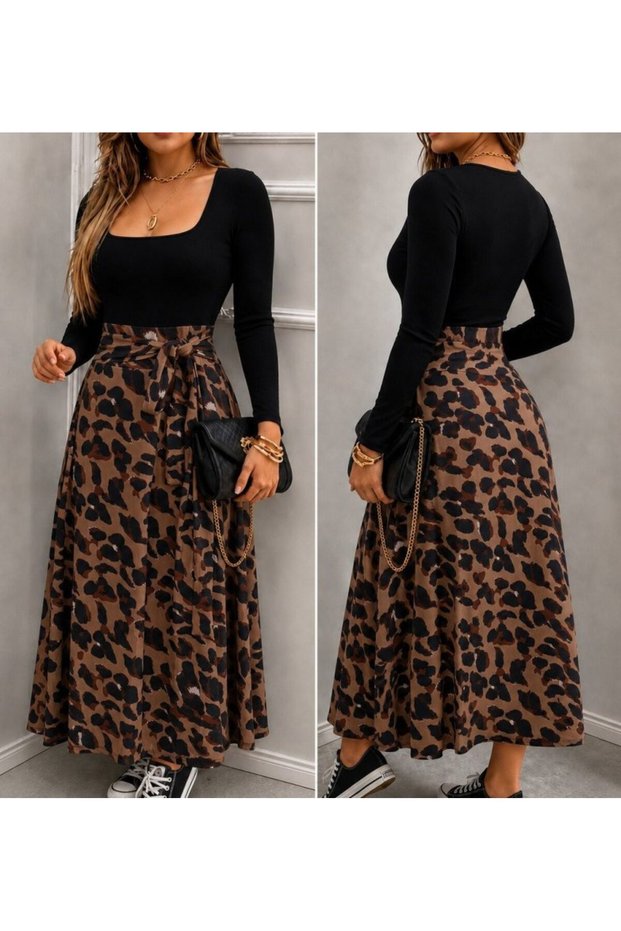 Women's Long Sleeve Square Collar Viscose Skirt Patterned Single Jersey Long Dress with Belt at the Waist